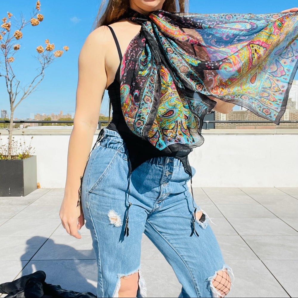 Vintage Genuine Silk Paisley Rainbow Rolled Hem Long Rectangular Women Men Scarf